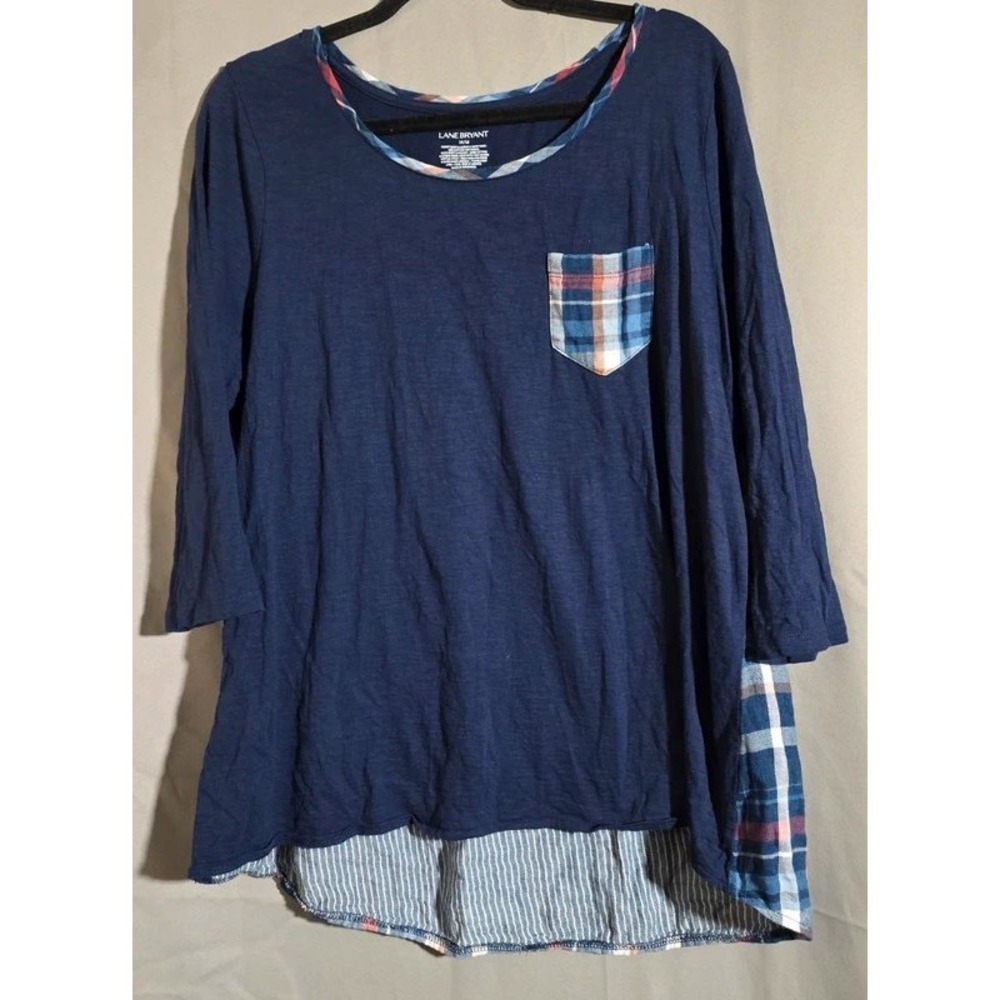 Lane Bryant Womens 14/16 Navy Blue Plaid Mixed Media 3/4 Sleeve Top High Low Hem